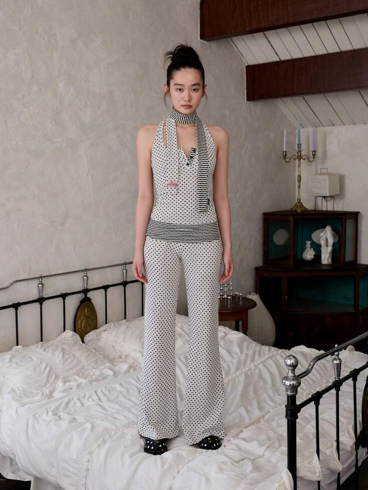1JINN STUDIO Versatile Backless Slim Henley Cami Flare Pants Women Polka Dot Top & Pants Sets