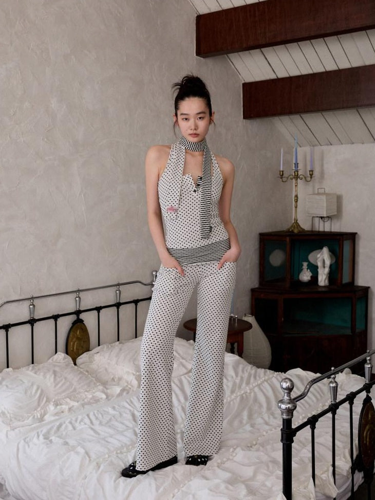 1JINN STUDIO Versatile Backless Slim Henley Cami Flare Pants Women Polka Dot Top & Pants Sets