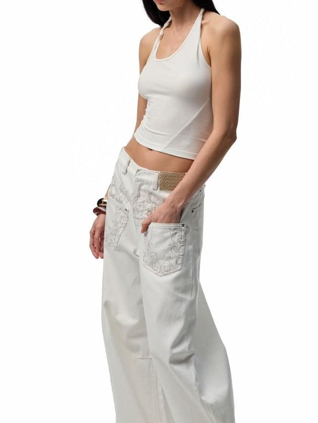 1JINN STUDIO Versatile Low Rise Distressed Cotton Blend Loose Fit Women Zipper Wide Leg Pants