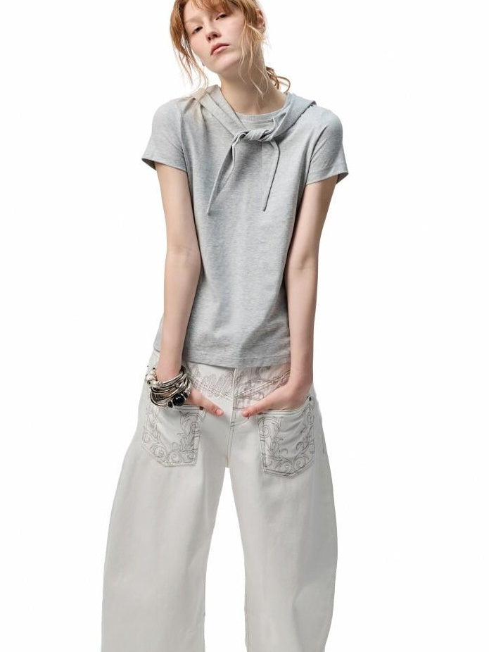 1JINN STUDIO Versatile Low Rise Distressed Cotton Blend Loose Fit Women Zipper Wide Leg Pants