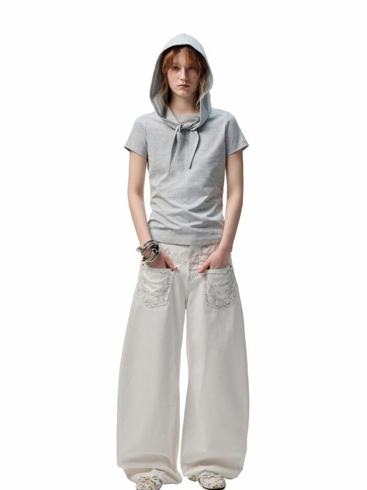 1JINN STUDIO Versatile Low Rise Distressed Cotton Blend Loose Fit Women Zipper Wide Leg Pants