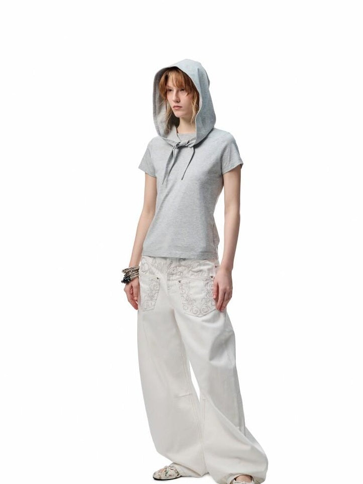 1JINN STUDIO Versatile Low Rise Distressed Cotton Blend Loose Fit Women Zipper Wide Leg Pants
