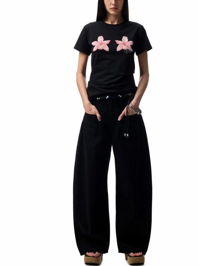 1JINN STUDIO Versatile Low Rise Distressed Cotton Blend Loose Fit Women Zipper Wide Leg Pants