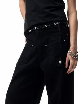 1JINN STUDIO Versatile Low Rise Distressed Cotton Blend Loose Fit Women Zipper Wide Leg Pants