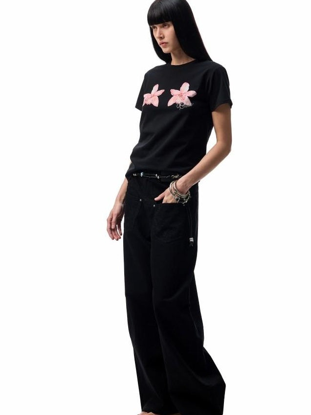 1JINN STUDIO Versatile Low Rise Distressed Cotton Blend Loose Fit Women Zipper Wide Leg Pants