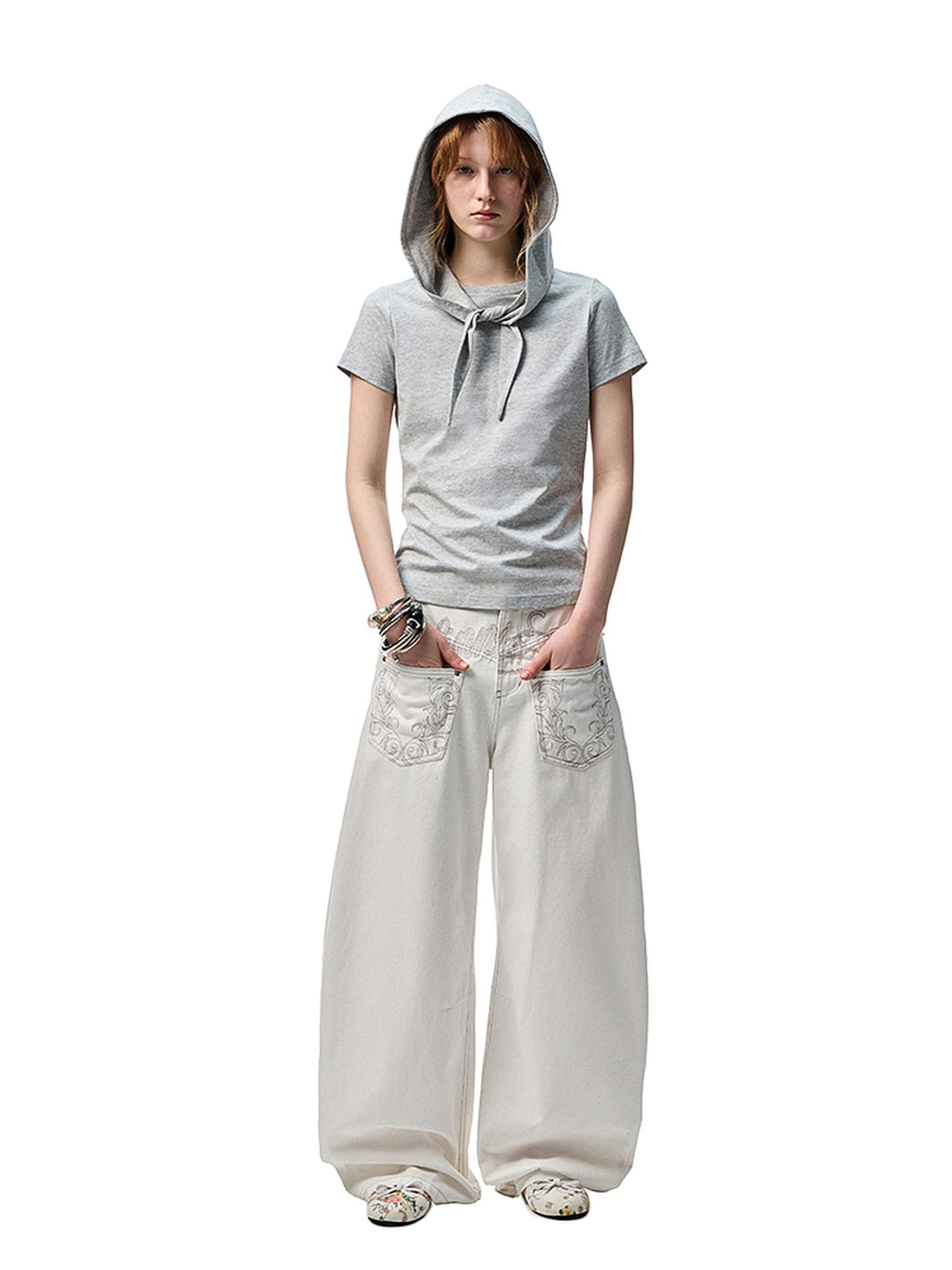 1JINN STUDIO Versatile Low Rise Distressed Cotton Blend Loose Fit Women Zipper Wide Leg Pants