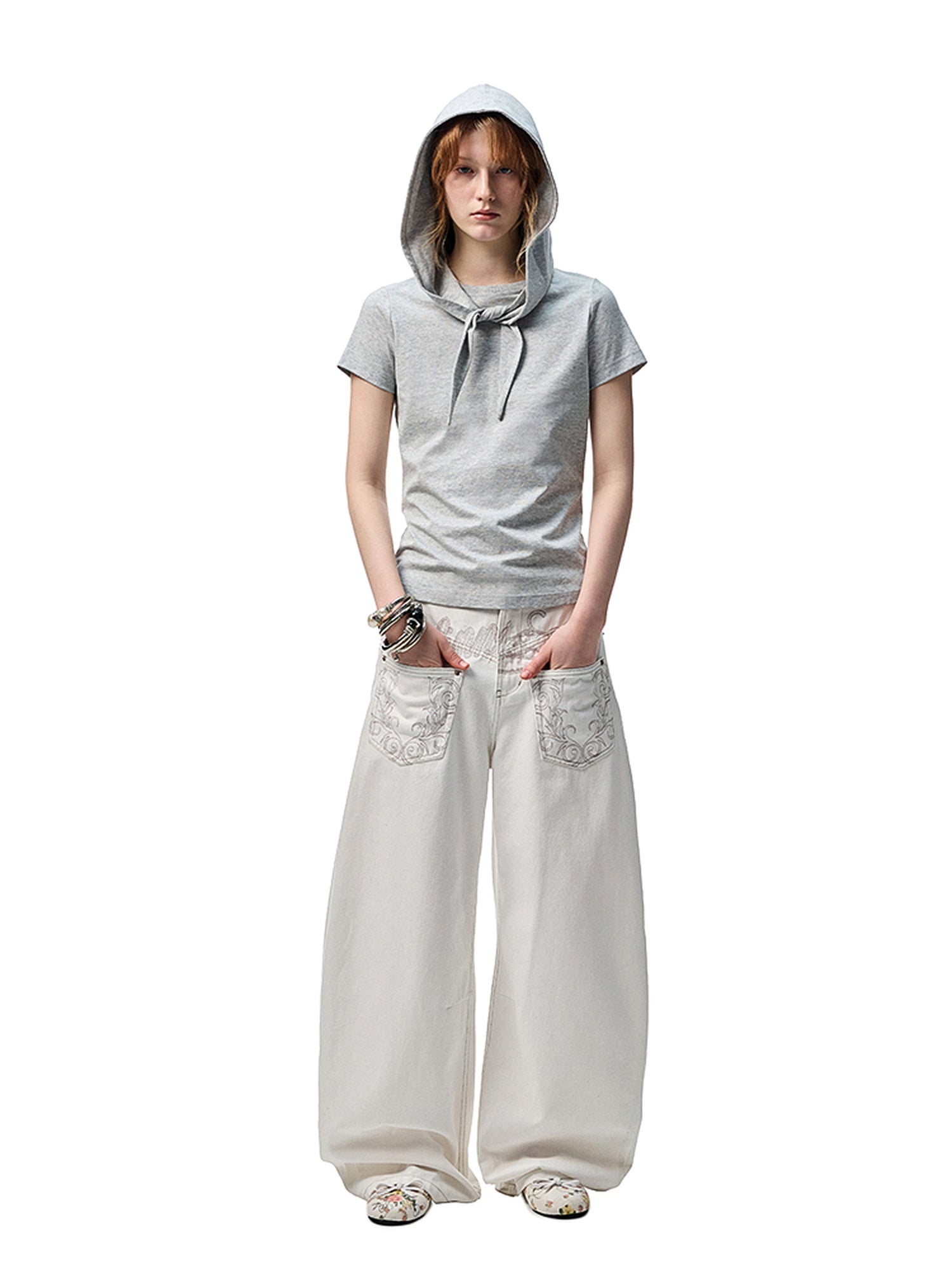 1JINN STUDIO Versatile Low Rise Distressed Cotton Blend Loose Fit Women Zipper Wide Leg Pants