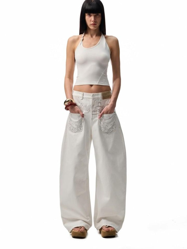 1JINN STUDIO Versatile Low Rise Distressed Cotton Blend Loose Fit Women Zipper Wide Leg Pants