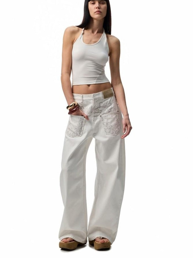 1JINN STUDIO Versatile Low Rise Distressed Cotton Blend Loose Fit Women Zipper Wide Leg Pants