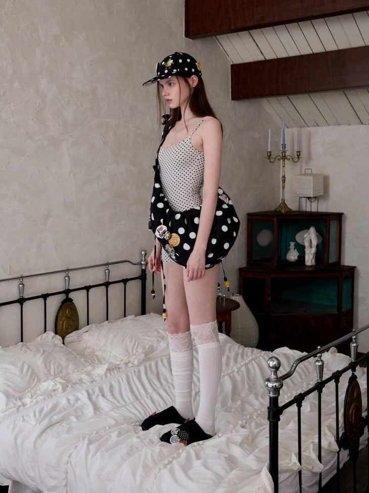 1JINN STUDIO Versatile Polka Dot Slim Cami Open Back Ladies Poly Cotton Top & Shorts Sets