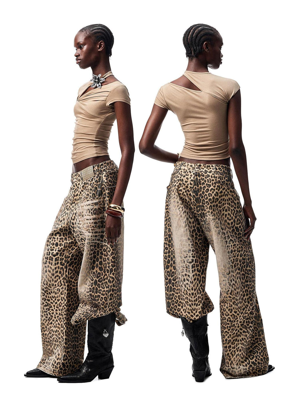 1JINN STUDIO Vintage Embroidered Washed Leopard Low Rise Pocket Zipper Cotton Wide Leg Pants
