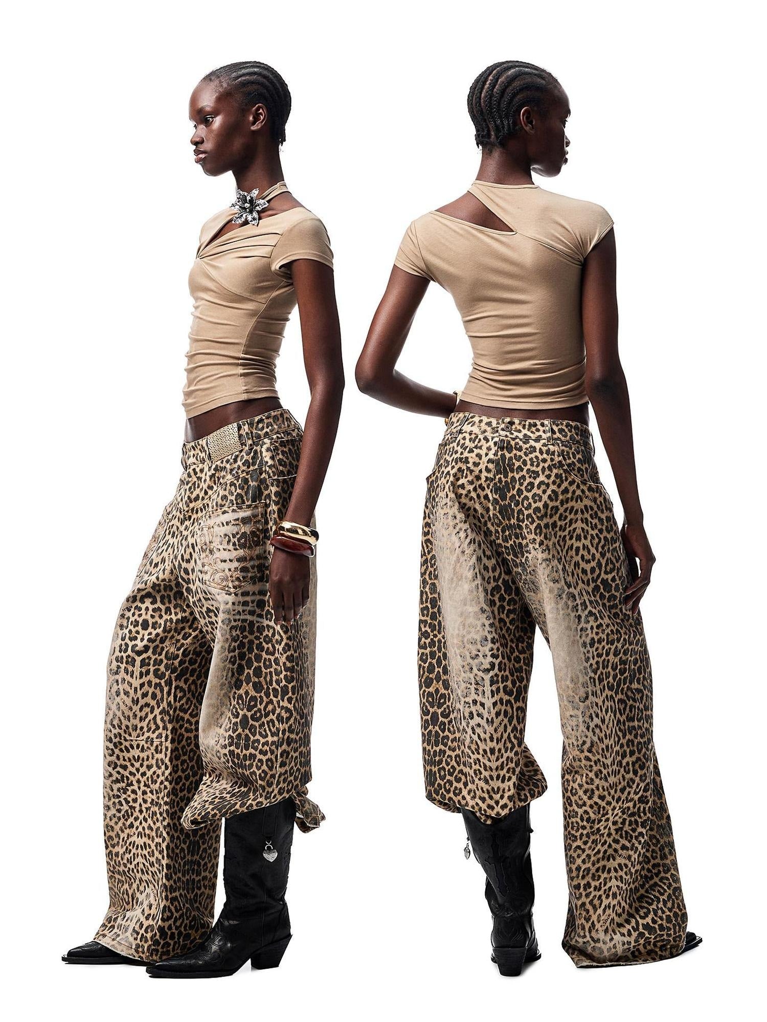 1JINN STUDIO Vintage Embroidered Washed Leopard Low Rise Pocket Zipper Cotton Wide Leg Pants