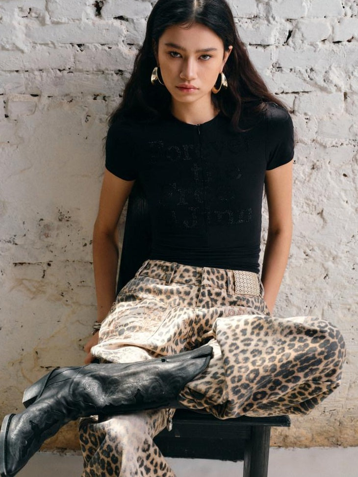 1JINN STUDIO Vintage Embroidered Washed Leopard Low Rise Pocket Zipper Cotton Wide Leg Pants