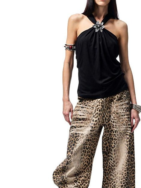 1JINN STUDIO Vintage Embroidered Washed Leopard Low Rise Pocket Zipper Cotton Wide Leg Pants