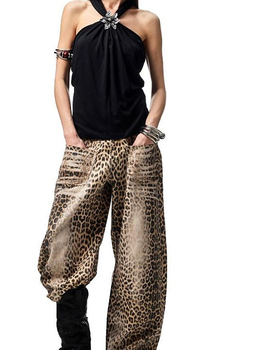 1JINN STUDIO Vintage Embroidered Washed Leopard Low Rise Pocket Zipper Cotton Wide Leg Pants