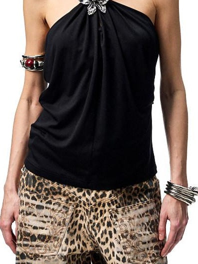 1JINN STUDIO Vintage Embroidered Washed Leopard Low Rise Pocket Zipper Cotton Wide Leg Pants