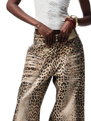 1JINN STUDIO Vintage Embroidered Washed Leopard Low Rise Pocket Zipper Cotton Wide Leg Pants