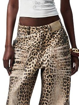 1JINN STUDIO Vintage Embroidered Washed Leopard Low Rise Pocket Zipper Cotton Wide Leg Pants