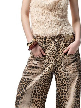 1JINN STUDIO Vintage Embroidered Washed Leopard Low Rise Pocket Zipper Cotton Wide Leg Pants