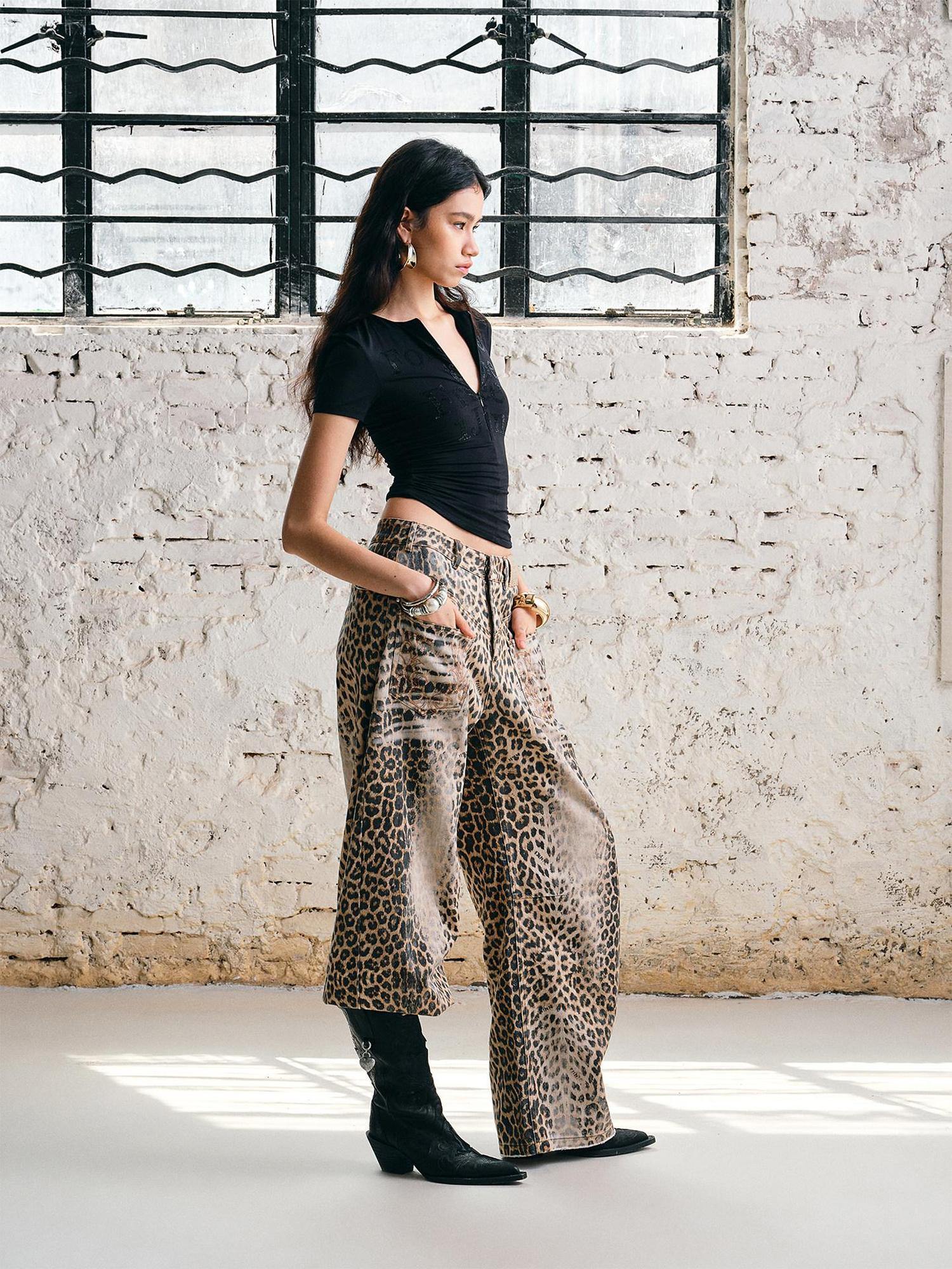 1JINN STUDIO Vintage Embroidered Washed Leopard Low Rise Pocket Zipper Cotton Wide Leg Pants