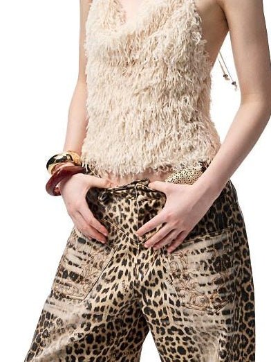 1JINN STUDIO Vintage Embroidered Washed Leopard Low Rise Pocket Zipper Cotton Wide Leg Pants