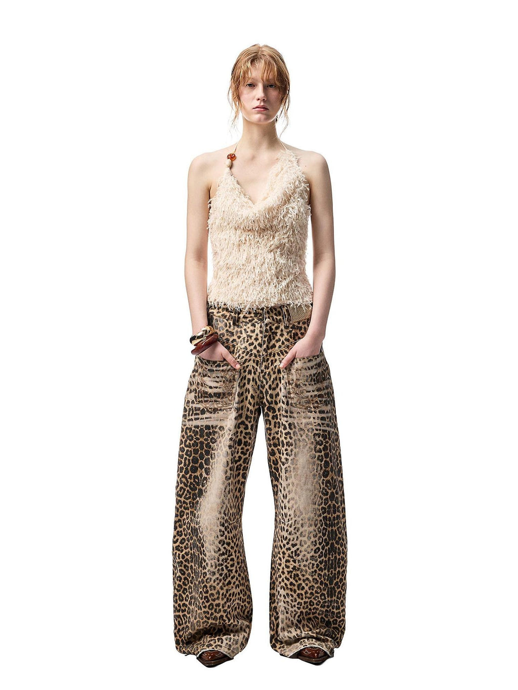 1JINN STUDIO Vintage Embroidered Washed Leopard Low Rise Pocket Zipper Cotton Wide Leg Pants