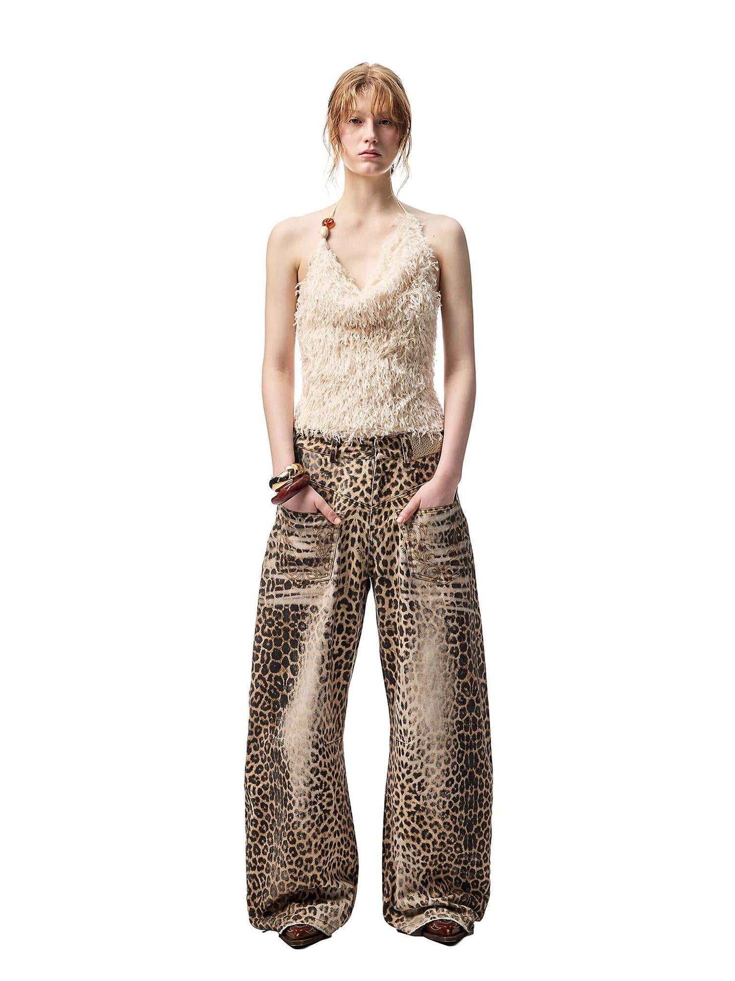 1JINN STUDIO Vintage Embroidered Washed Leopard Low Rise Pocket Zipper Cotton Wide Leg Pants