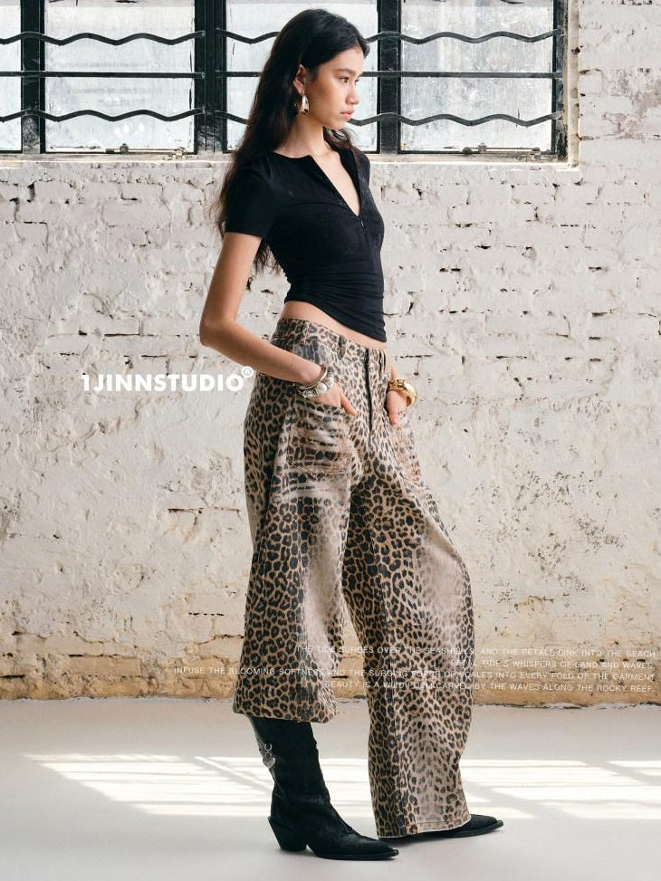 1JINN STUDIO Vintage Embroidered Washed Leopard Low Rise Pocket Zipper Cotton Wide Leg Pants
