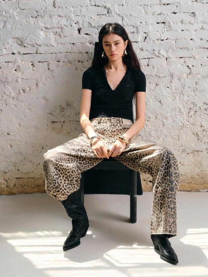 1JINN STUDIO Vintage Embroidered Washed Leopard Low Rise Pocket Zipper Cotton Wide Leg Pants