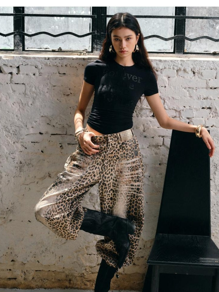 1JINN STUDIO Vintage Embroidered Washed Leopard Low Rise Pocket Zipper Cotton Wide Leg Pants