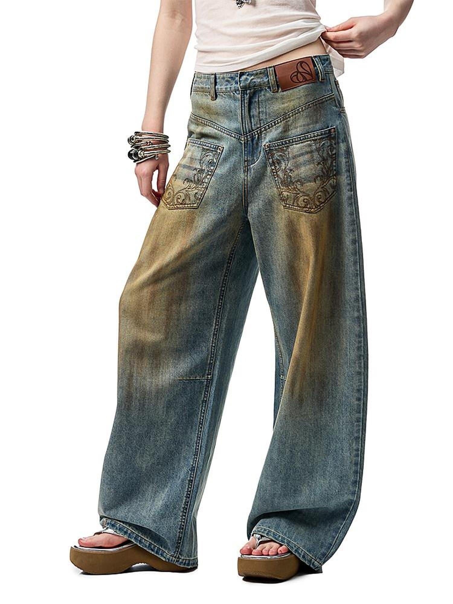 1JINN STUDIO Vintage Washed Embroidered Low Rise Loose Women Mud Blue Wide Leg Jeans