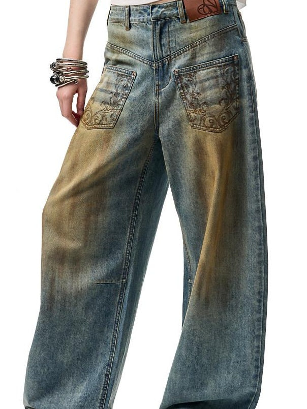 1JINN STUDIO Vintage Washed Embroidered Low Rise Loose Women Mud Blue Wide Leg Jeans