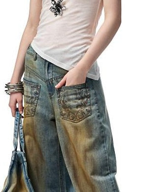 1JINN STUDIO Vintage Washed Embroidered Low Rise Loose Women Mud Blue Wide Leg Jeans