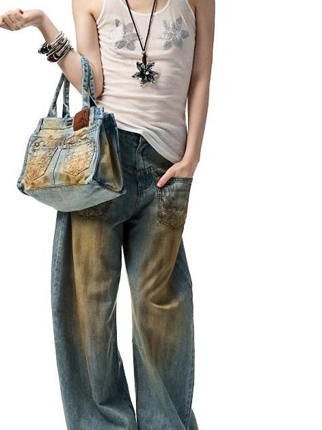 1JINN STUDIO Vintage Washed Embroidered Low Rise Loose Women Mud Blue Wide Leg Jeans