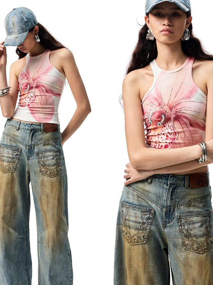 1JINN STUDIO Vintage Washed Embroidered Low Rise Loose Women Mud Blue Wide Leg Jeans