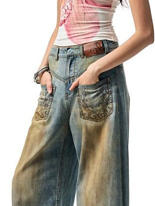 1JINN STUDIO Vintage Washed Embroidered Low Rise Loose Women Mud Blue Wide Leg Jeans