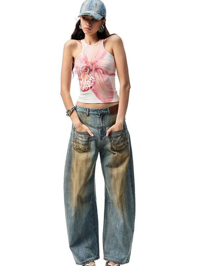 1JINN STUDIO Vintage Washed Embroidered Low Rise Loose Women Mud Blue Wide Leg Jeans