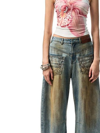 1JINN STUDIO Vintage Washed Embroidered Low Rise Loose Women Mud Blue Wide Leg Jeans