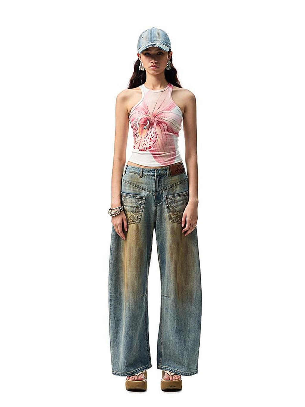 1JINN STUDIO Vintage Washed Embroidered Low Rise Loose Women Mud Blue Wide Leg Jeans