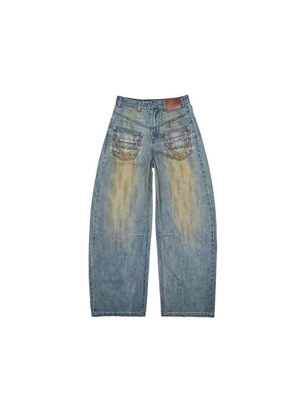 1JINN STUDIO Vintage Washed Embroidered Low Rise Loose Women Mud Blue Wide Leg Jeans