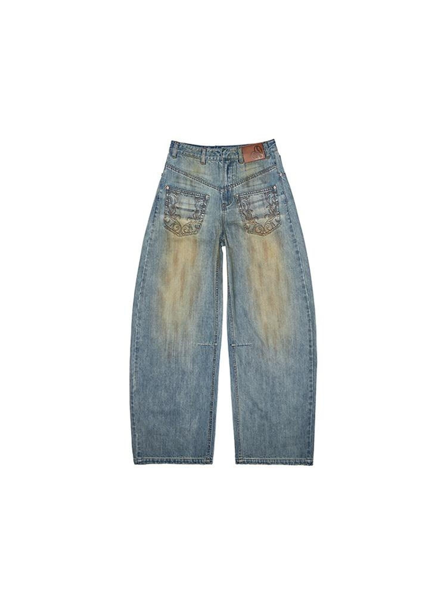 1JINN STUDIO Vintage Washed Embroidered Low Rise Loose Women Mud Blue Wide Leg Jeans