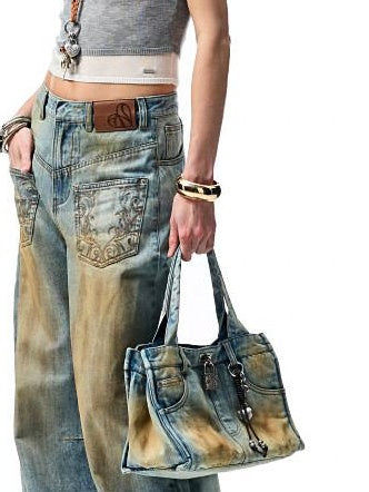 1JINN STUDIO Vintage Washed Embroidered Low Rise Loose Women Mud Blue Wide Leg Jeans