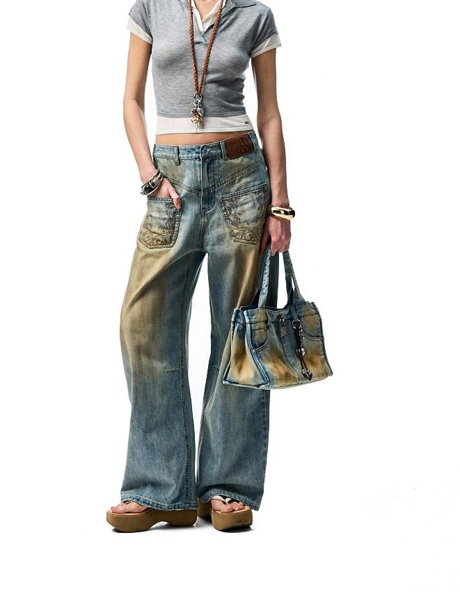 1JINN STUDIO Vintage Washed Embroidered Low Rise Loose Women Mud Blue Wide Leg Jeans