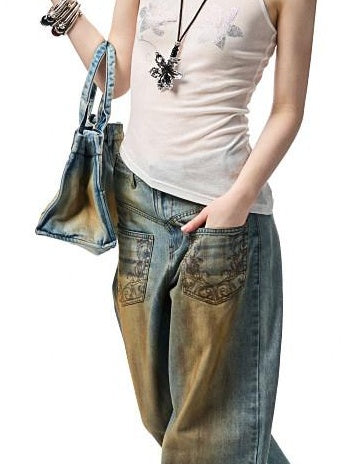 1JINN STUDIO Vintage Washed Embroidered Low Rise Loose Women Mud Blue Wide Leg Jeans