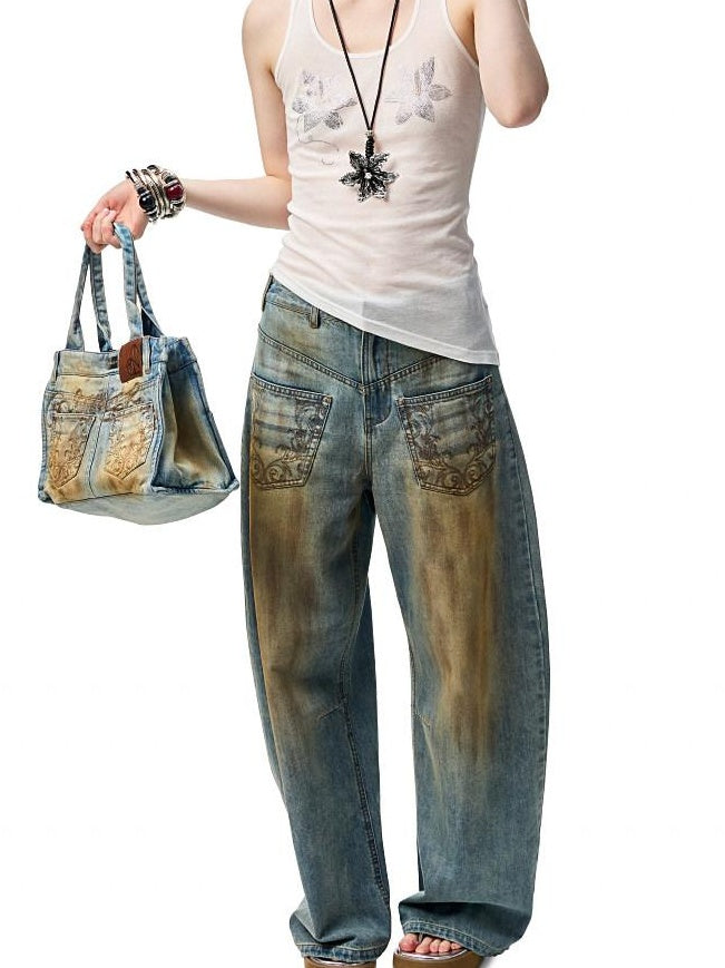 1JINN STUDIO Vintage Washed Embroidered Low Rise Loose Women Mud Blue Wide Leg Jeans