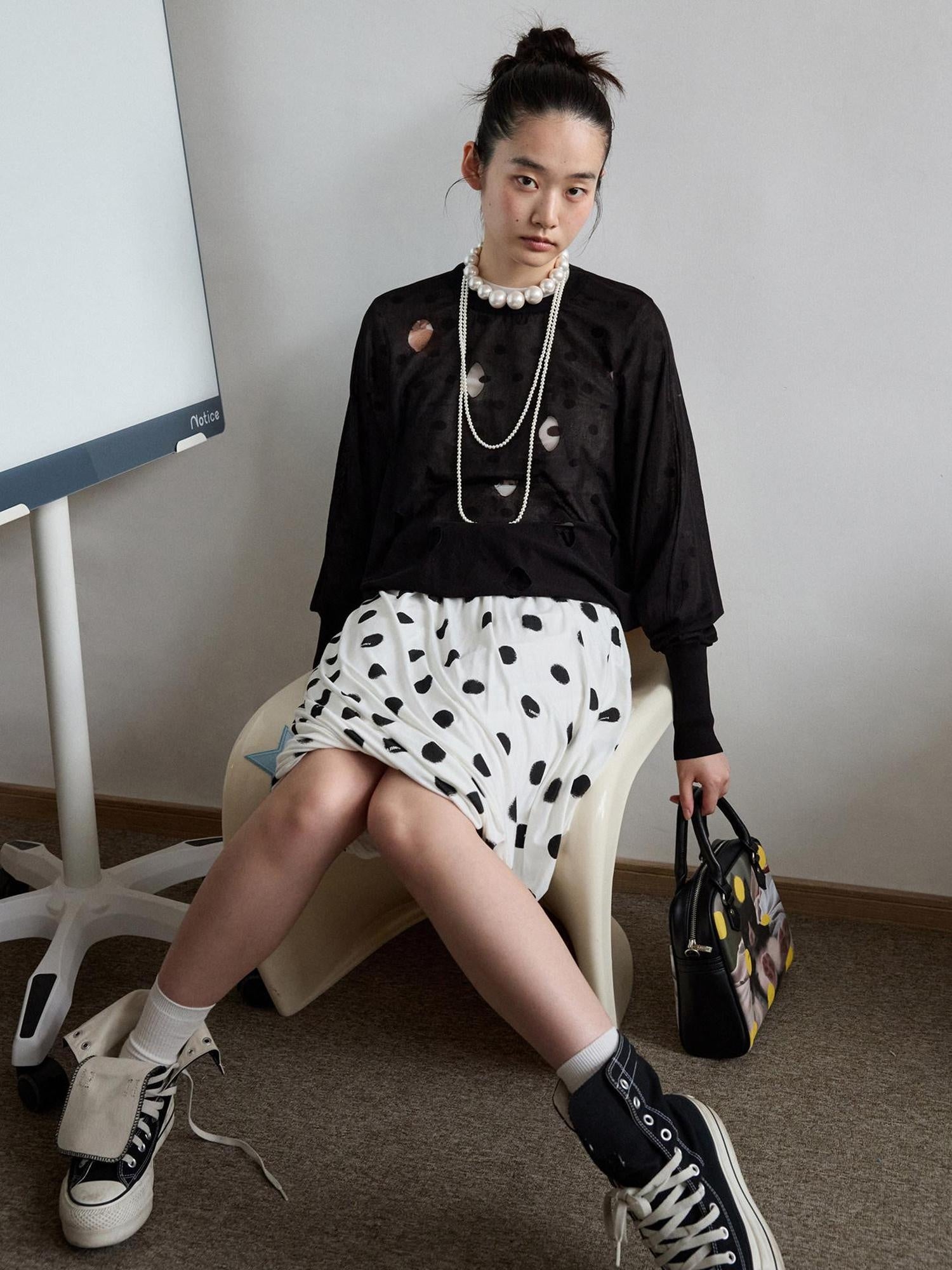 1JINN STUDIO Viscose Blend Polka Dot Loose Fit Office Women Long Sleeve T-Shirts