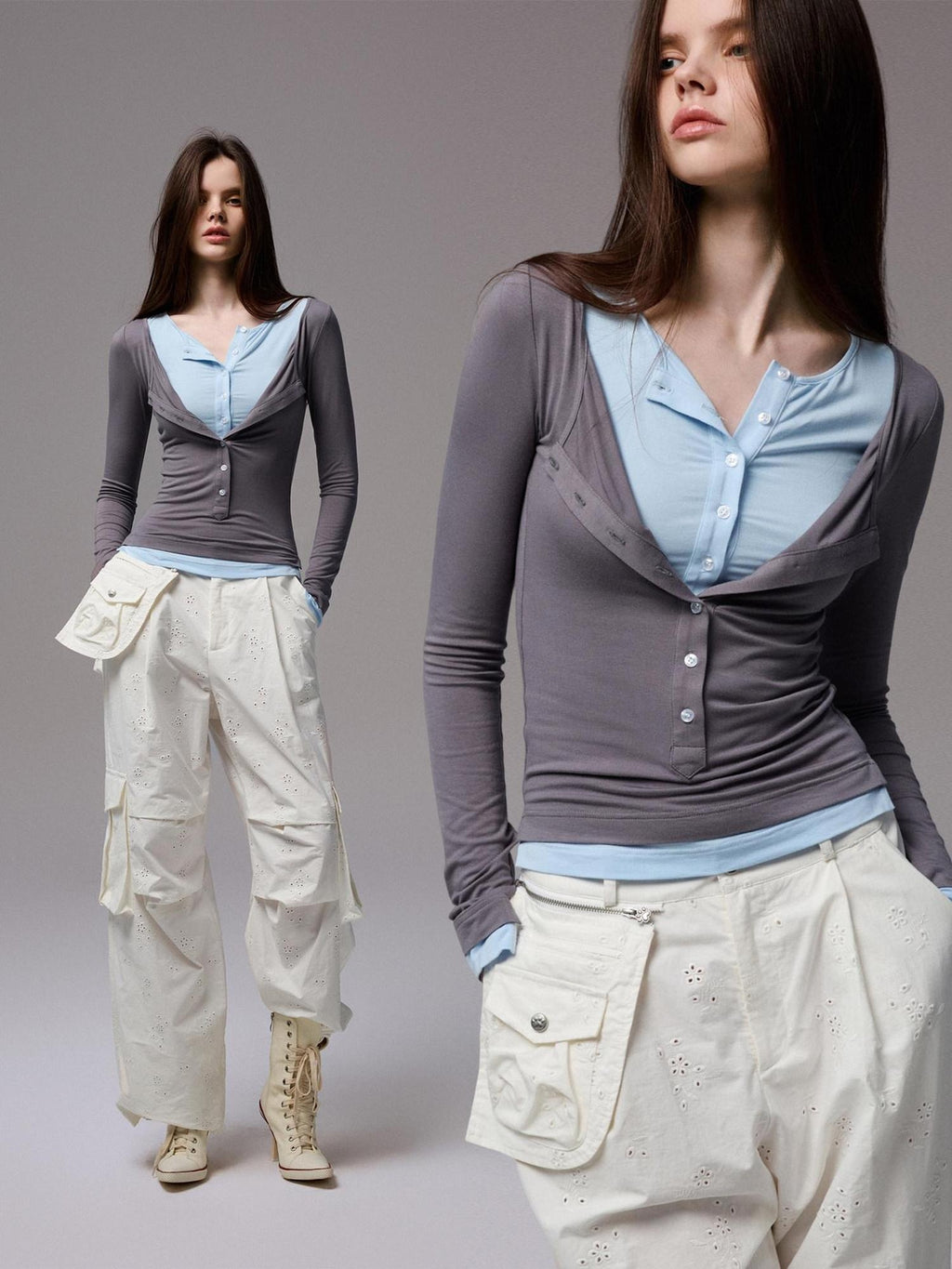 1JINN STUDIO Viscose Stretch Casual Slim Patchwork Women Colorblock Long Sleeve T-Shirts