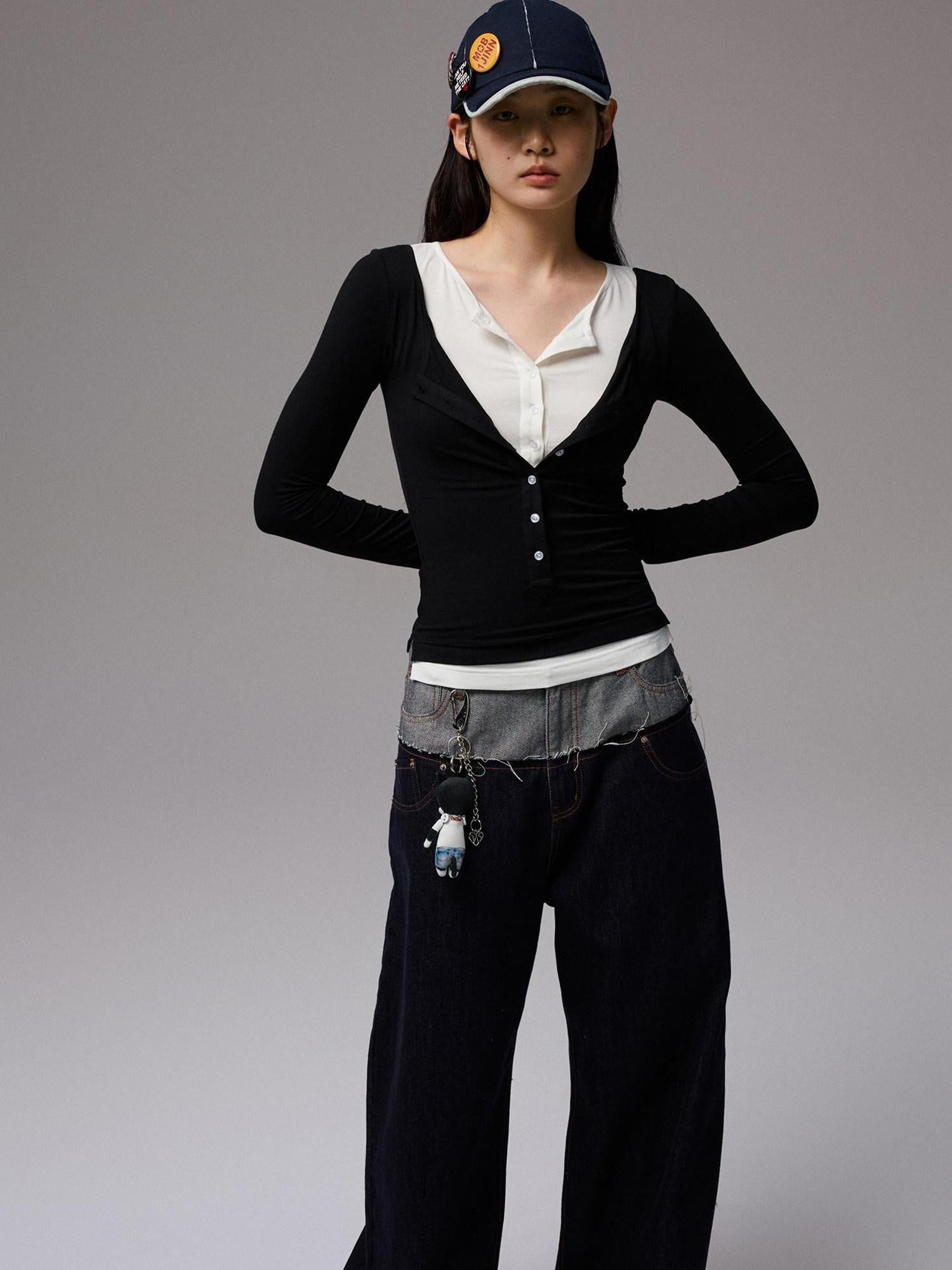 1JINN STUDIO Viscose Stretch Casual Slim Patchwork Women Colorblock Long Sleeve T-Shirts
