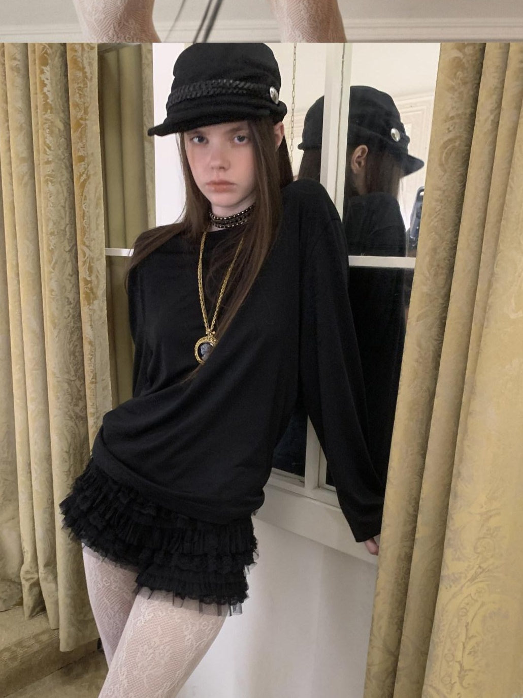 1JINN STUDIO Viscose Stretch Casual Slim Printed Cowl Neck Black Long Sleeve T-Shirts