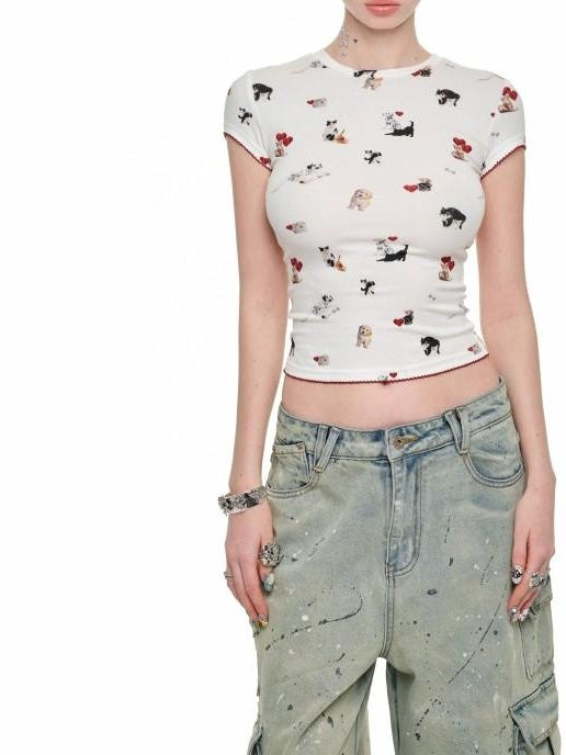 1JINN STUDIO Viscose Stretch Slim Fit Cute Polka Animal Print Women Short Sleeve T-Shirts